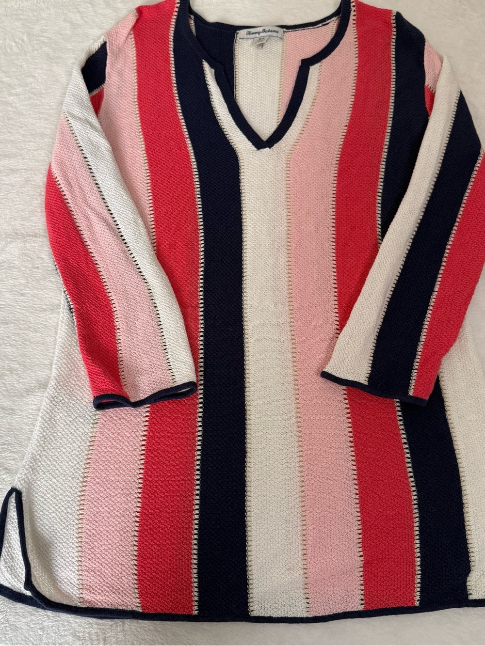 Tommy Bahama Women Small Linen Cotton Tunic Sweater Striped 3/4 Sleeve